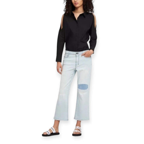 DKNY Distressed Mid Rise Cropped Wide Leg Flared Jeans - Wild Time Fashion
