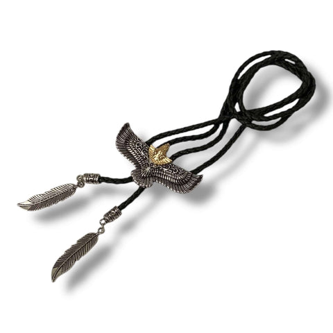 american eagle bolo tie with gold and silver eagle pendant black braided faux leather cord and antique silver feather tips