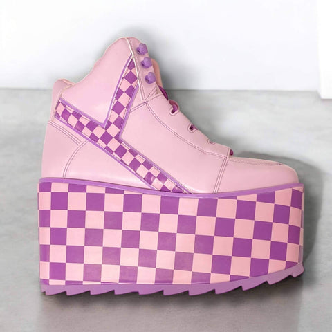 Qozmo Checker Platform Sneakers by Y.R.U.  pastel pink and lavender checkerboard chunky wedge sole, lace-up, padded collar/tongue, women’s size 9