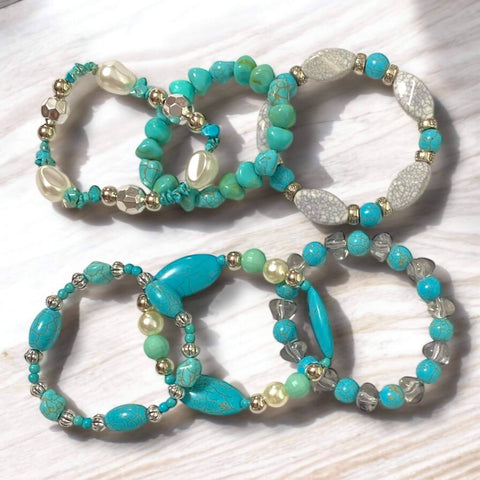 women's turquoise beaded stacked elastic bracelet with faux turquoise nuggets faux pearls and silver spacer beads stretchy fit handcrafted in USA boho western jewelry