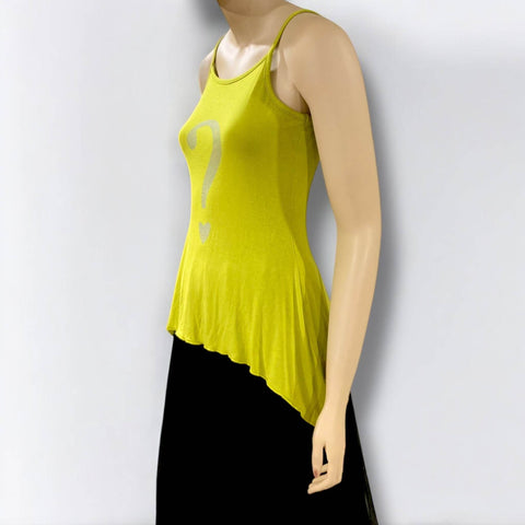 Lime green asymmetric tank top with silver question mark and heart graphic on front, shown sleeveless with hanky hemline. Perfect for Y2K summer attire
