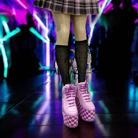 Qozmo Checker Platform Sneakers by Y.R.U.  pastel pink and lavender checkerboard chunky wedge sole, lace-up, padded collar/tongue, women’s size 9

