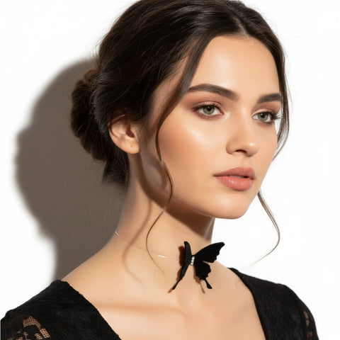 3D Rhinestone Butterfly Invisible Choker with floating lace butterflies black / women's / one size