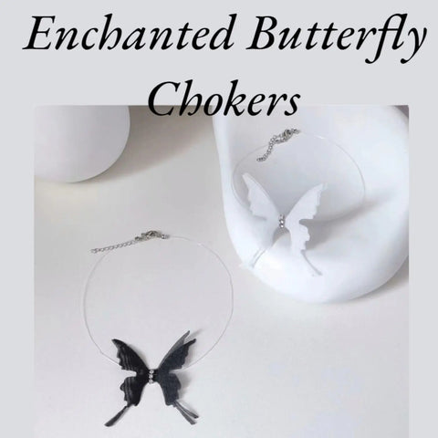 3D Rhinestone Butterfly Invisible Choker with floating lace butterflies in black or white