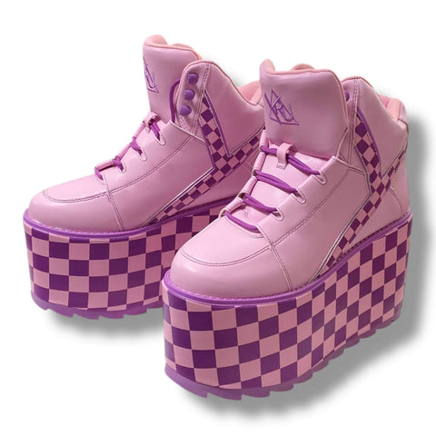 Qozmo Checker Platform Sneakers by Y.R.U.  pastel pink and lavender checkerboard chunky wedge sole, lace-up, padded collar/tongue, women’s size 9