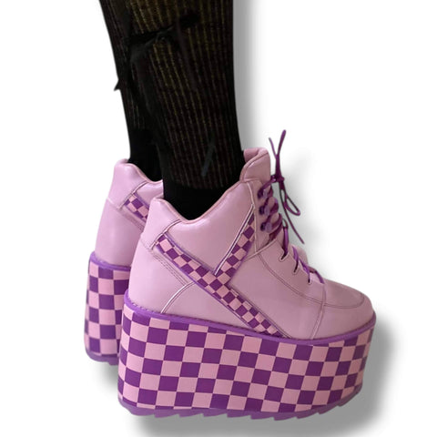 Qozmo Checker Platform Sneakers by Y.R.U.  pastel pink and lavender checkerboard chunky wedge sole, lace-up, padded collar/tongue, women’s size 9