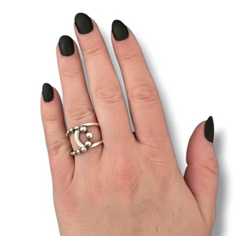 925 Sterling Silver Beaded Open Wrap Ring with tapered adjustable band and asymmetrical beaded modern design