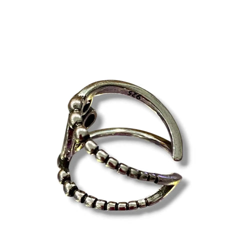925 Sterling Silver Beaded Open Wrap Ring with tapered adjustable band and asymmetrical beaded modern design