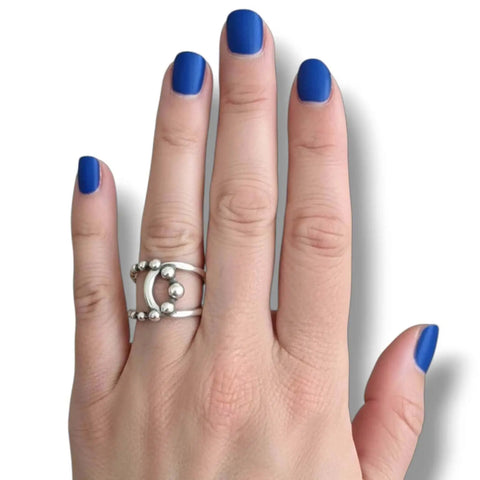 925 Sterling Silver Beaded Open Wrap Ring with tapered adjustable band and asymmetrical beaded modern design
