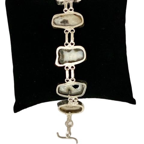 Women's Black Spinel Agate Gemstone Sterling Silver Toggle Bracelet  Backside Pressure Setting -6.75-7.5 - Wild Time Fashion 
