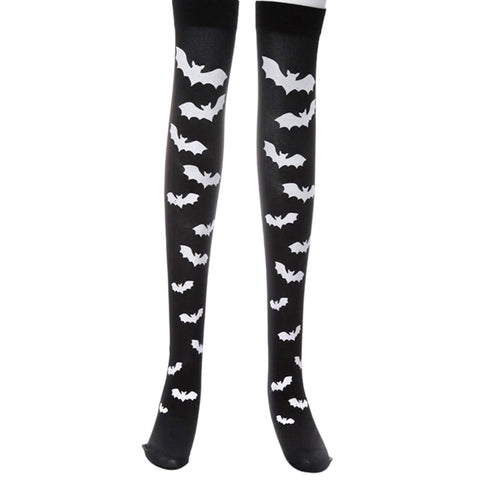 Black thigh high stocking socks with white bat wing graphic