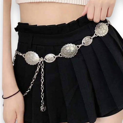 Vintage Western Silver Aztec Chain Belt antique-silver western concho etched oval Aztec floral links, adjustable waist