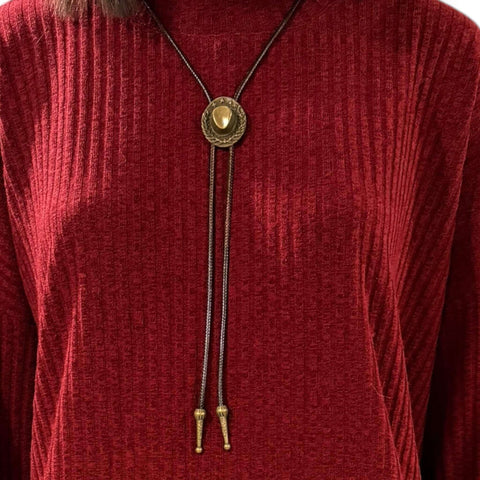 Antique Brass Stars & Vines Cowboy Hat Necktie bolo tie with stars and vines on brown rope. Unisex western style for festivals, concerts, and year-round country style.