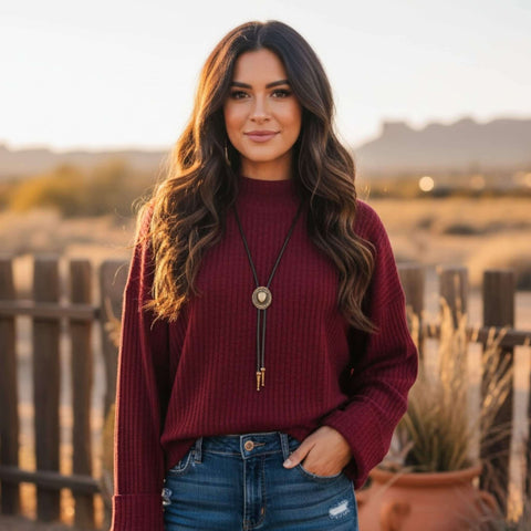 Antique Brass Stars & Vines Cowboy Hat Necktie bolo tie with stars and vines on brown rope. Unisex western style for festivals, concerts, and year-round country style.