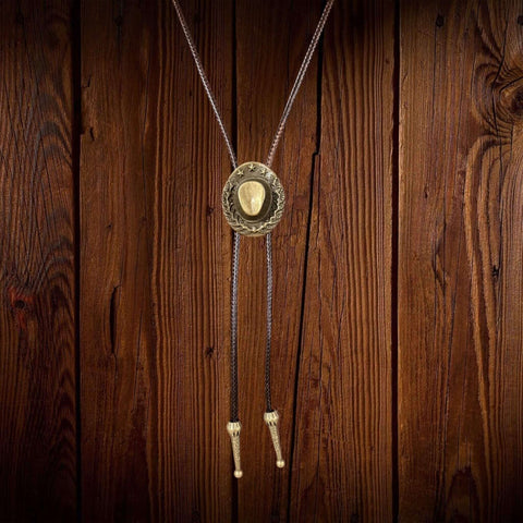 Antique Brass Stars & Vines Cowboy Hat Necktie bolo tie with stars and vines on brown rope. Unisex western style for festivals, concerts, and year-round country style.
