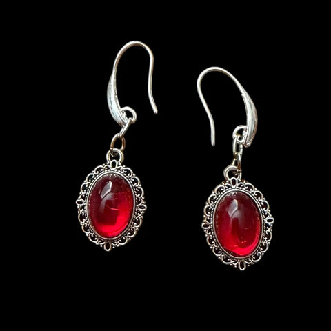 Antique Silver Red Cabochon Necklace & Earrings Set Ruby Red Victorian Gothic jewelry romantic gothic earrings
