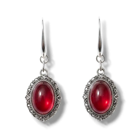 Antique Silver Red Cabochon Necklace & Earrings Set Ruby Red Victorian Gothic sterling silver french hooks