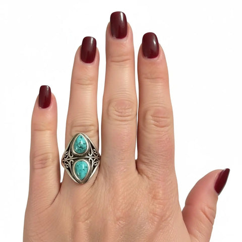 Antique Silver Two Stone Turquoise Ring in 925 sterling silver with real turquoise