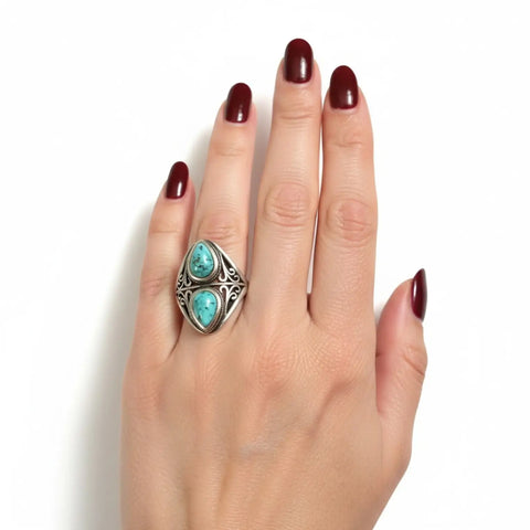 Antique Silver Two Stone Turquoise Ring in 925 sterling silver with real turquoise size 8