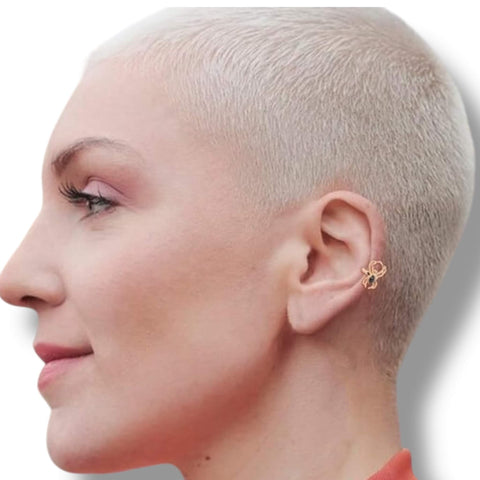 Black Widow Spider Ear Cuff in gold or silver tone with black body, adjustable non-pierced ear jewelry.