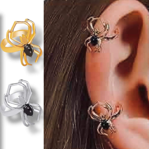 Black Widow Spider Ear Cuff in gold or silver tone with black body, adjustable non-pierced ear jewelry.