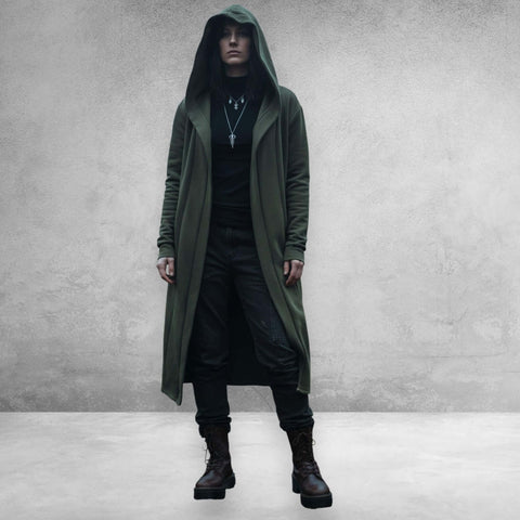 Long hooded cloak cardigan jacket with oversized hood, open front longline silhouette, fleece lining and front drop pockets in black or dark green, unisex sizes 2XL and 3XL