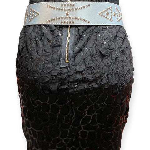 Silver Studded Wide Statement Belt metallic backside on skirt on white background