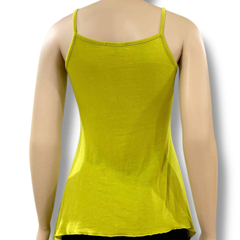 Lime green asymmetric tank top with silver question mark and heart graphic on front, shown sleeveless with hanky hemline. Perfect for Y2K summer attire back view