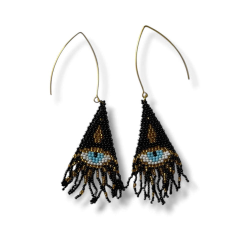 Handmade Evil Eye Beaded Fringe Earrings, black long shoulder duster style with gold hypoallergenic V-wire hooks