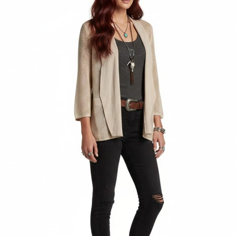 Tan lightweight open-knit cardigan blazer with draped waterfall front 