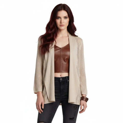 Tan lightweight open-knit cardigan blazer with draped waterfall front  