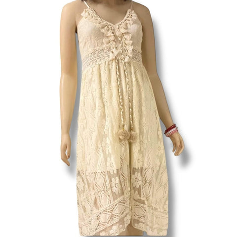 Boho beige floral lace midi dress with v neckline and fringe tassels