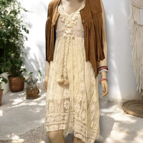Boho chic beige midi dress perfect for beach weddings or spring break
