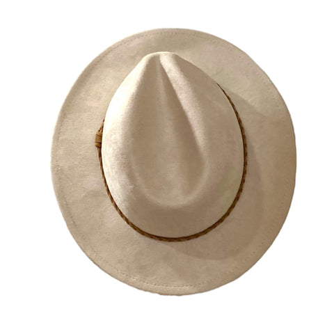 Beige suede fedora hat on white background