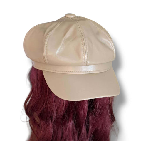 Faux Leather Retro Newsboy Cap flipped back tan colored classic heritage look!