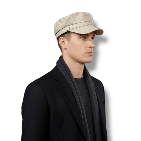 Unisex Faux Leather Baker Boy Hat stiff curve brim button accent beige, dark red, and black - one size