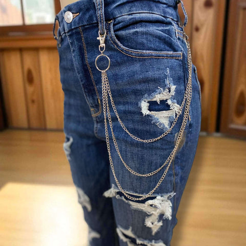 Multi-Layer Silver Pants Chains -slim triple layer silver curb chain on pair of jeans