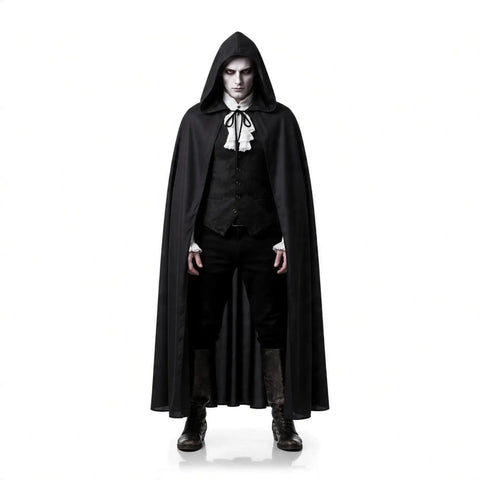 Black Full Length Hooded Cape Cloak with deep hood and tie neckline man vampire outfit