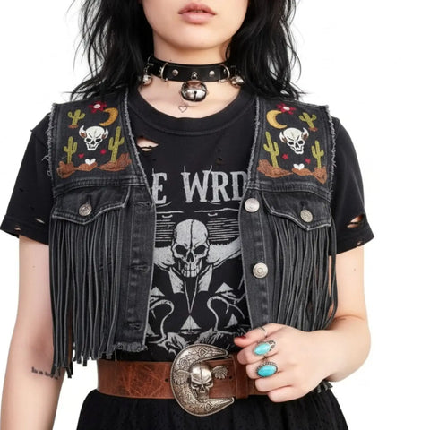 Silver Bells Wide Leather Buckle Choker with black strap, studs, and D rings