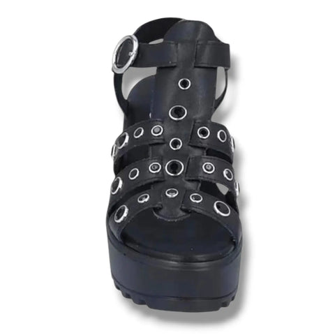 Black Leather Crystal Platform Sandals Chunky Heel by Cult featuring soft black leather multi-straps, faceted black crystal accents, silver-tone eyelets, and an adjustable ankle buckle. Women's Size 8.5.