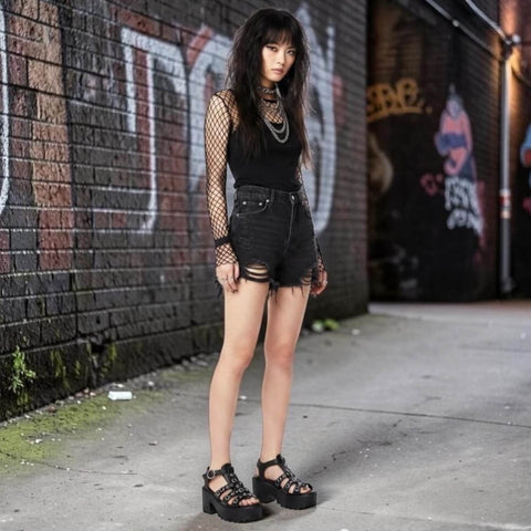 Side profile highlighting the structured leather straps, 3-inch block heel, 1 7/8-inch platform, and rubber sole.