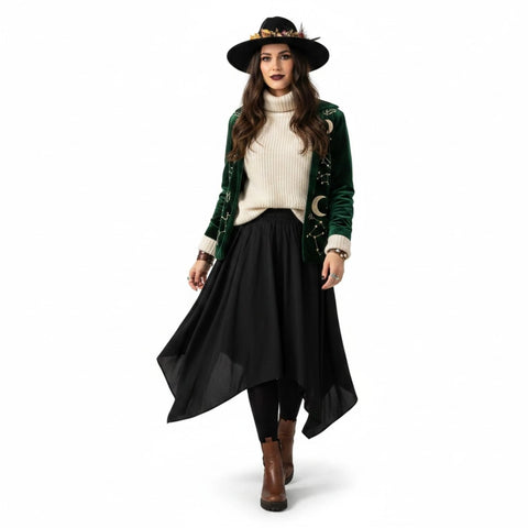 woman wearing Black Flowy Asymmetric Midi Skirt with hi-low handkerchief hem and elastic waist / one size