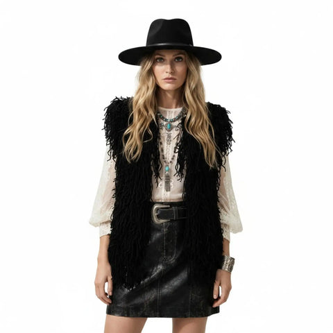 Women's Crochet Knit Fringed Shaggy Vest in black boho festival styles/ small
