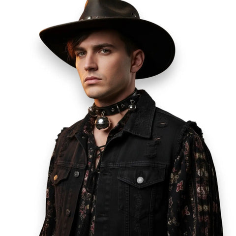 Man wearing Silver Bells Wide Leather Buckle Choker with black strap, studs, and D rings 
