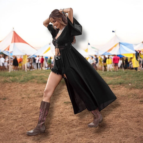 V Neck Waist Tie Long Beach Cover Up