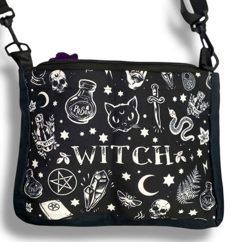 Witchy black canvas satchel with celestial and gothic illustrations in white.