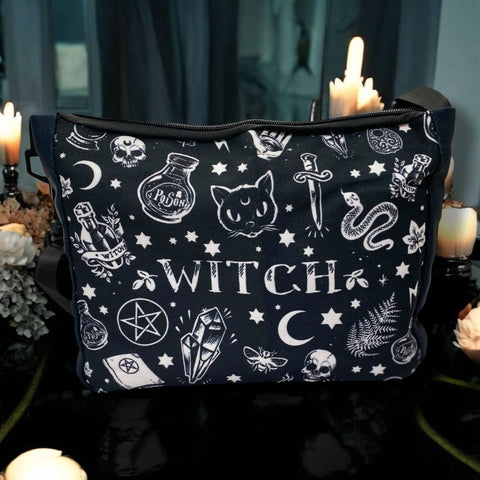 Witchy black canvas satchel with celestial and gothic illustrations in white.