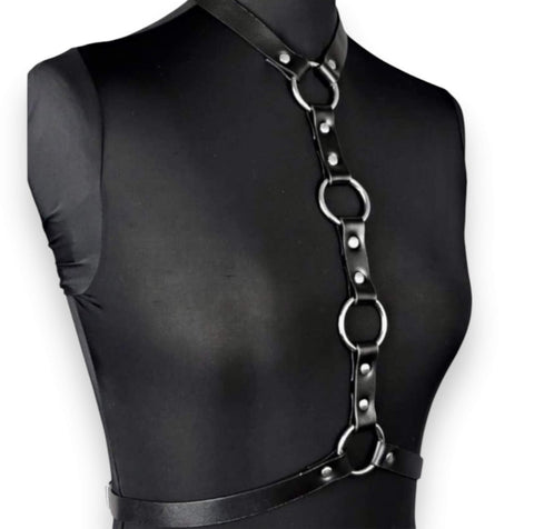 Edgy festival chest harness for women with silver hardware and split leather straps