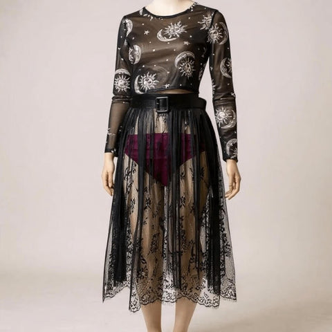 Women's Stars Moon Long Sleeve Crop Top celestial crop tops in black/white, white/black, or orange/black one size