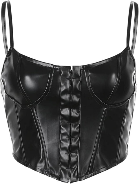 Black Faux Leather Crop Corset Top  hook-eye front closure and v-neckline, edgy  bustier style for year-round fashion